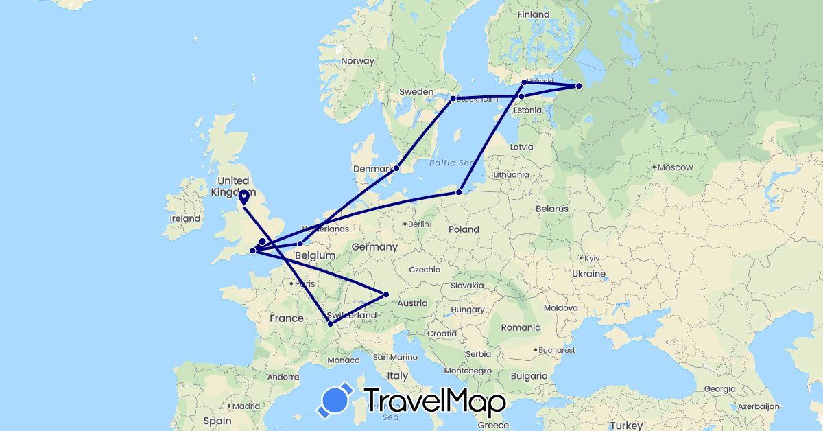 TravelMap itinerary: driving in Belgium, Switzerland, Germany, Denmark, Estonia, Finland, United Kingdom, Poland, Russia, Sweden (Europe)